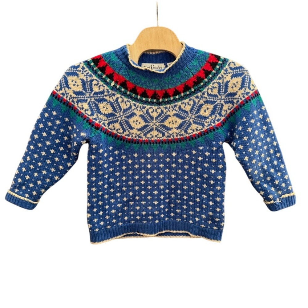 Knit Stitches Vintage 100% Shetland Wool Fair Isle Sweater Blue Nordic Mens M
